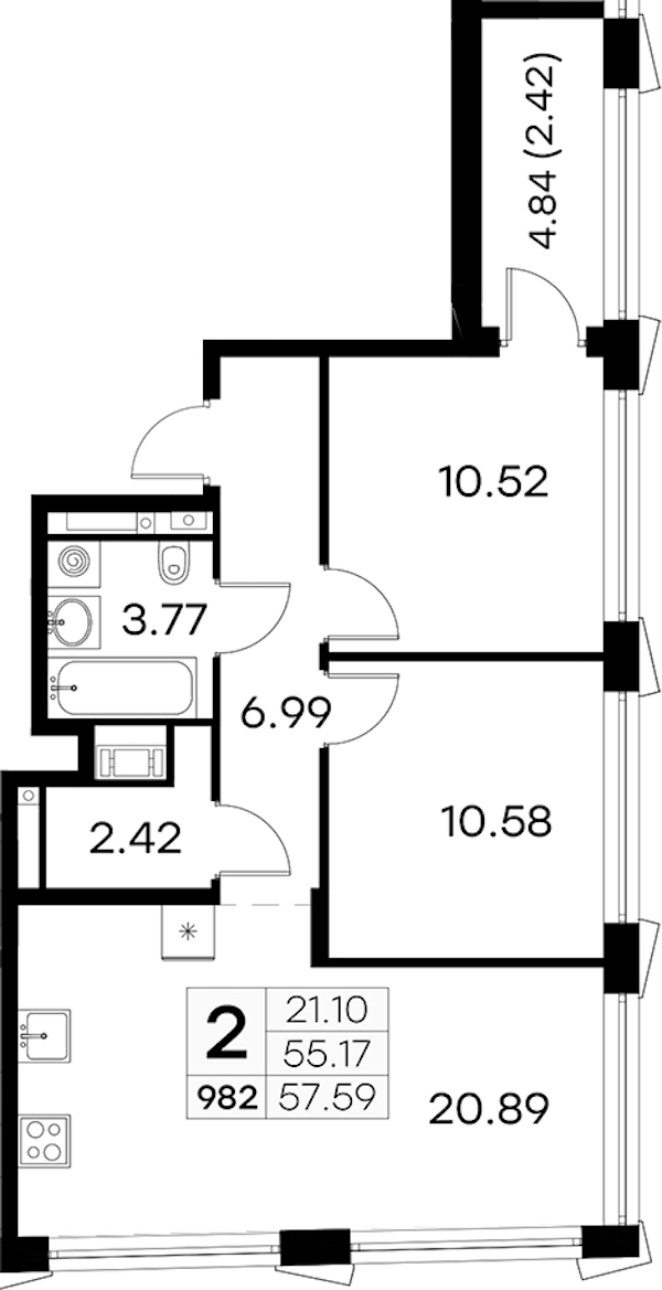 2-комнатная квартира 57.59 м², 18/19 эт., ЖК «GloraX Aura Vasileostrovsky»